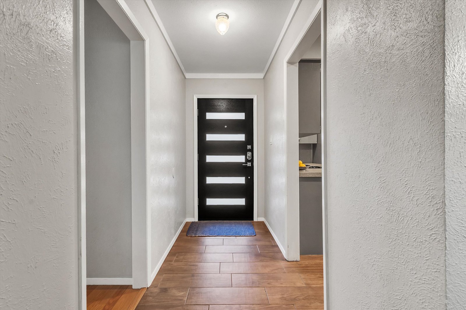 Modern black front door with frosted glass panels viewed from inside the entry hall