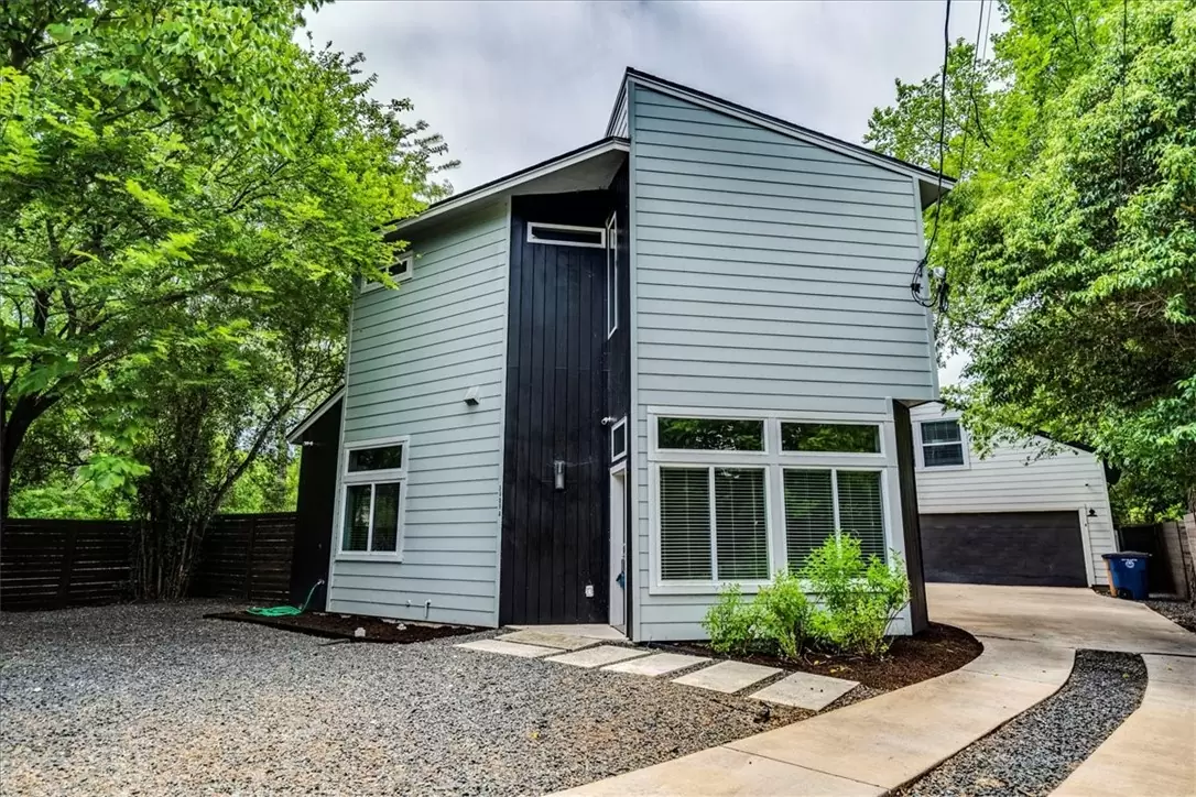 Front exterior of 5609 Tura Lane Unit A, contemporary home in East Austin Texas