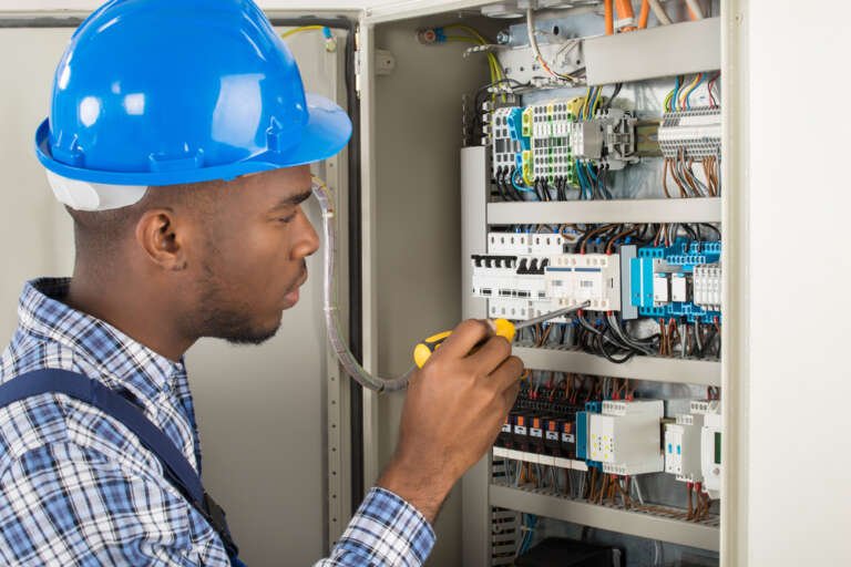 Close-up,Of,Young,Male,Technician,Examining,Fusebox,With,Screwdriver, electrician