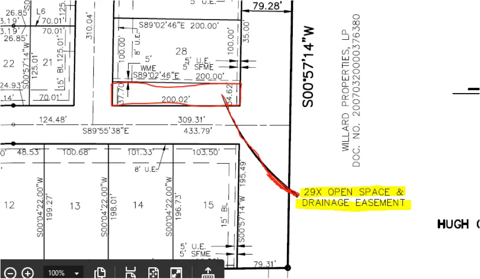 Diagram showing a sewer easement crossing through a residential property