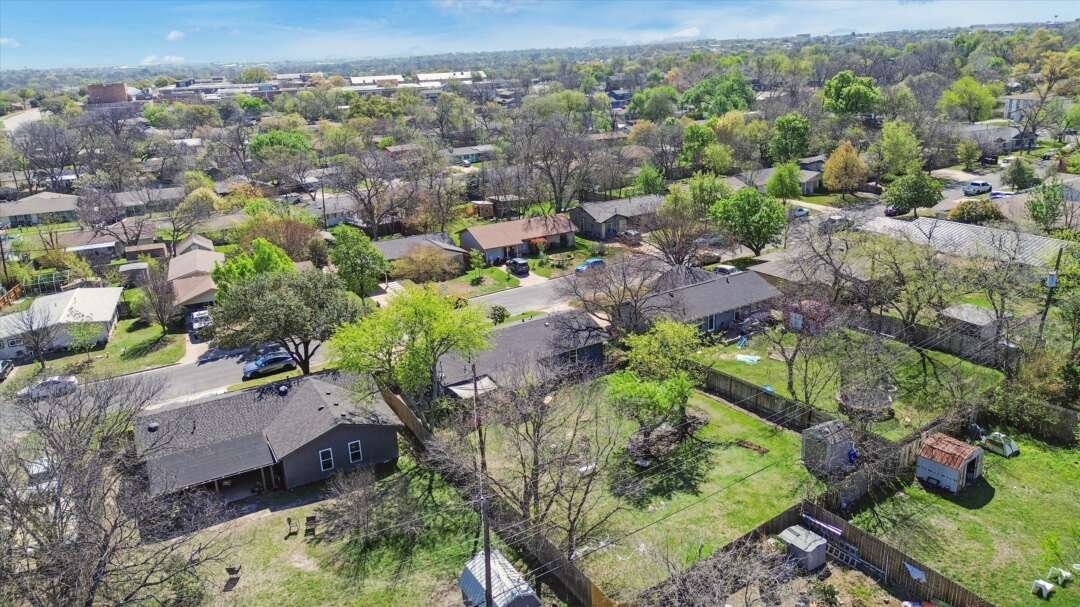 Aerial view with Austin downtown skyline visible