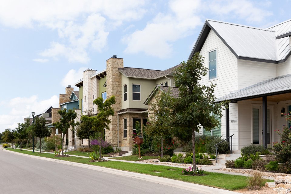 Mueller Austin residential street with master-planned community homes