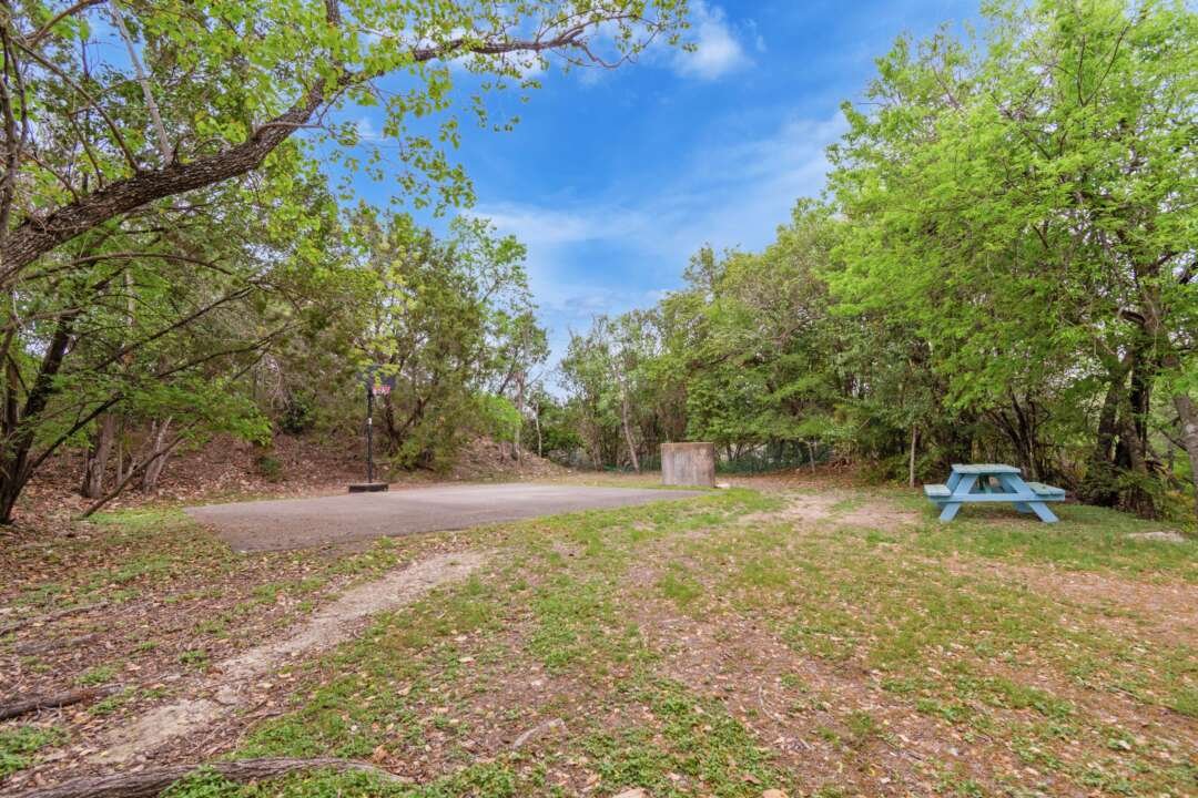 Pool and picnic area surrounded by trees