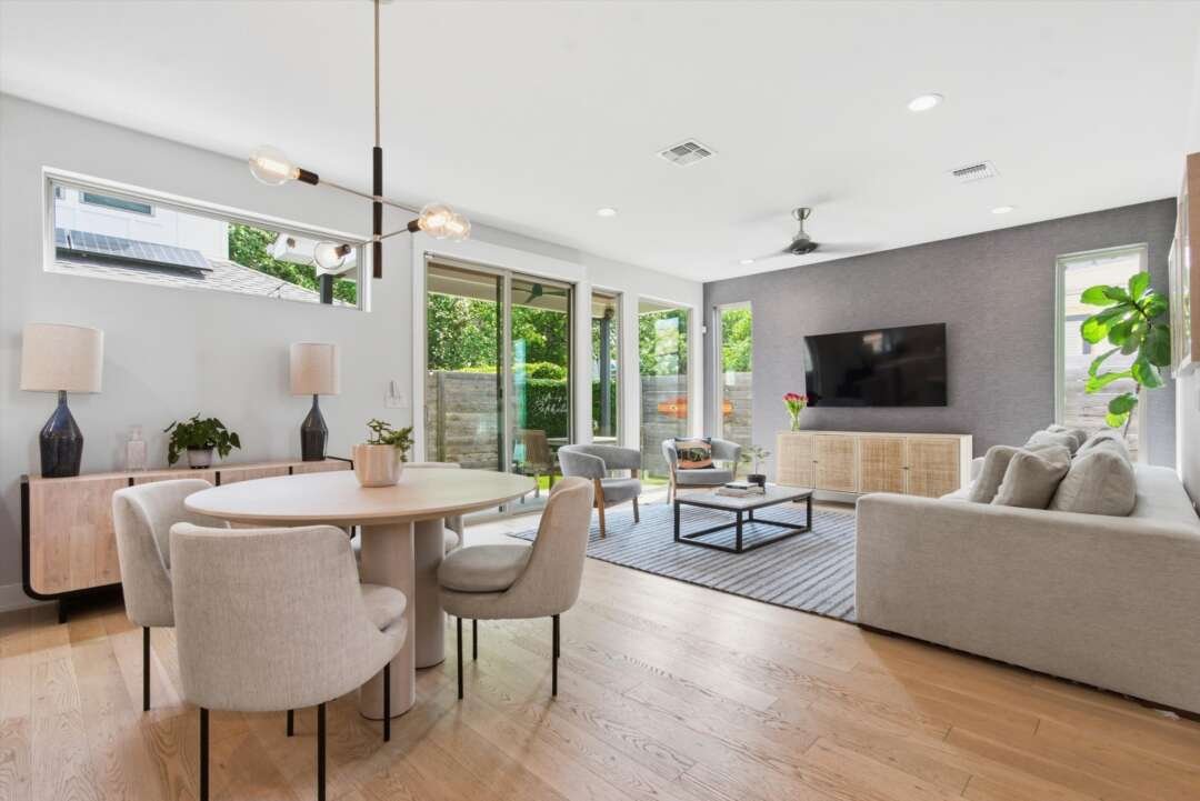 Dining area with open sight lines to kitchen and living