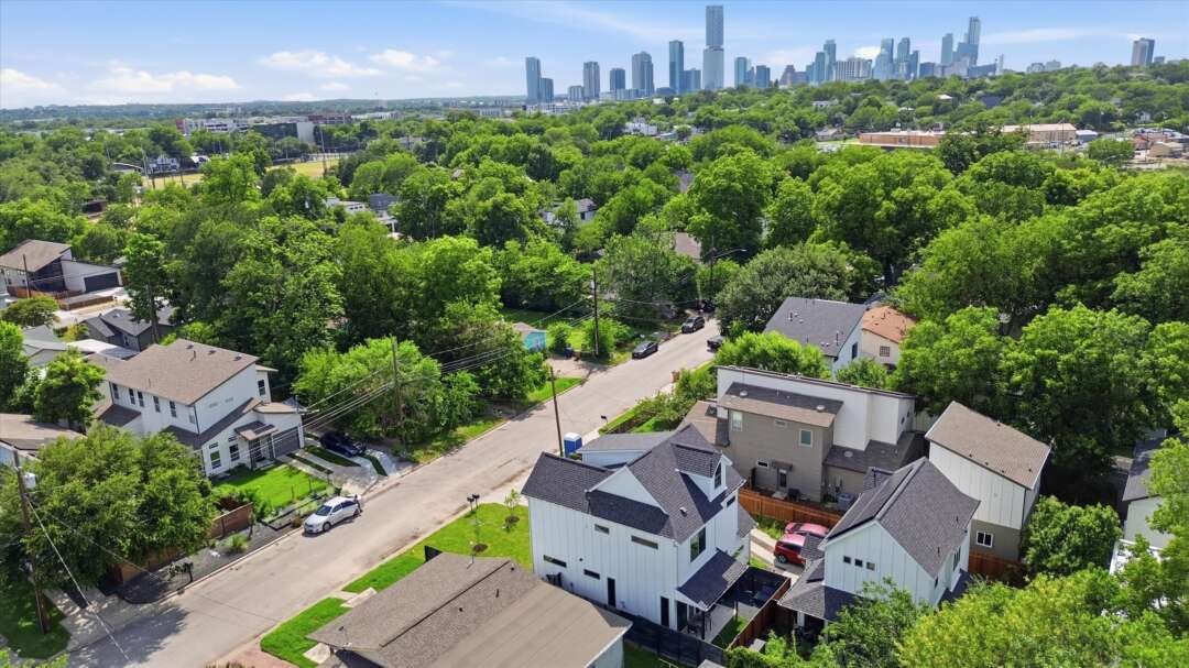 Aerial view of 2710 Zaragosa with downtown Austin skyline