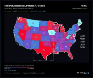 Parcl Labs map of the share of single-family rentals listed for sale first, by state. Texas is highest at 15.1 percent.